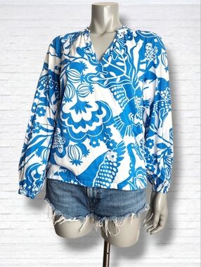 Boden Serena Pleat Neck Tropical Blue Floral Print Pop Over Tunic Top Size 6 US